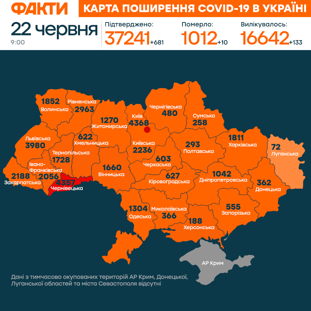 коронавірус в Україні 22 червня (КАРТА)