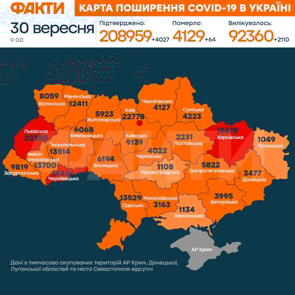 Карта та статистика коронавірусу в Україні 30 вересня
