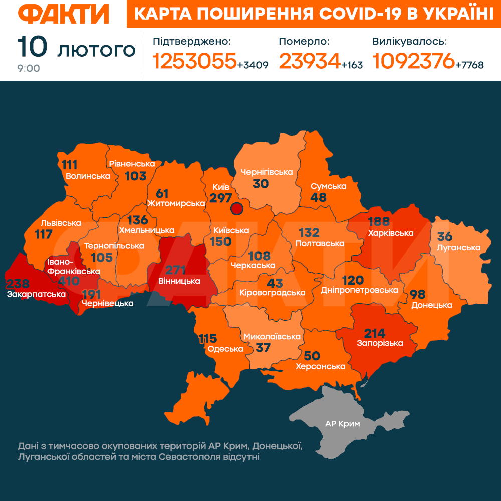 коронавирус в Украине 10 февраля КАРТА