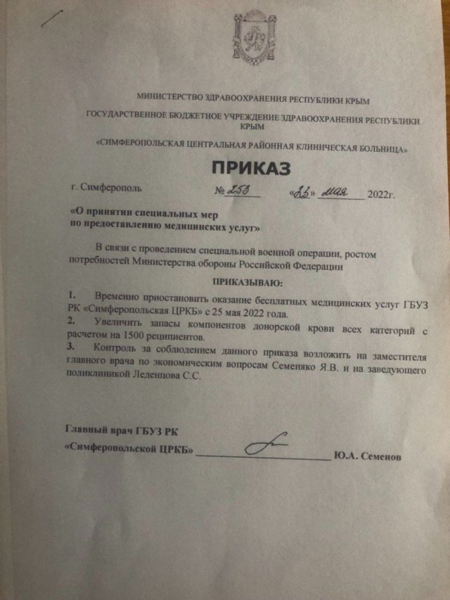 наказ ТОТ Крим лікарня
