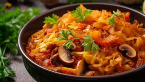 Капуста тушкована з грибами